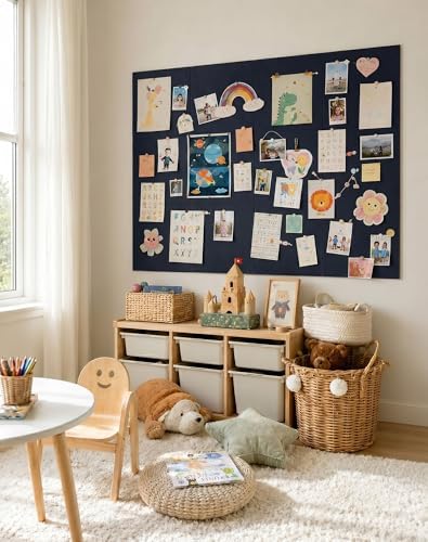 Aothia Felt Bulletin Board Tiles, 12-Pack 48"x36" Large Pin Board for Wall, Modern Cork Board Alternative for Notes, Photos, Memo & Office Organization, 70 Adhesive Tabs & 40 Push Pins - Carbon Blue