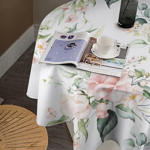 Pink Flowers Tablecloth, Watercolor Sage Green Eucalyptus Leaves Branches Floral Print Table Cloth for Picnic Party Dining Room Home Decor, 50x50in