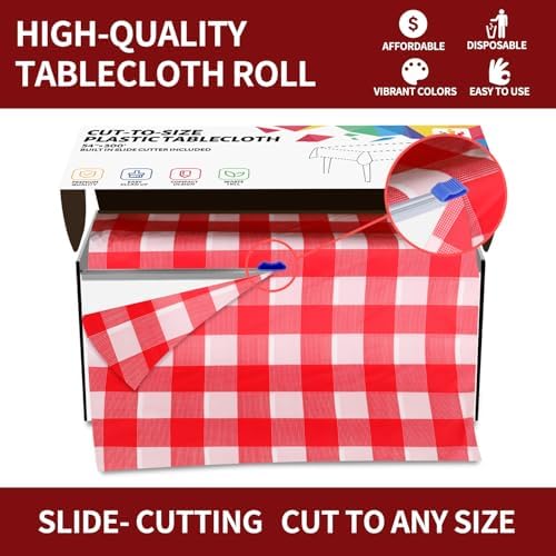 CXPSINC 54 Inch X 300 Feet Plastic Table Cover Roll Disposable Tablecloth with Slide Cutter for All Type/Shape Tables | Party, Banquet, Birthdays, Weddings(Red Checkered, 300 Feet)
