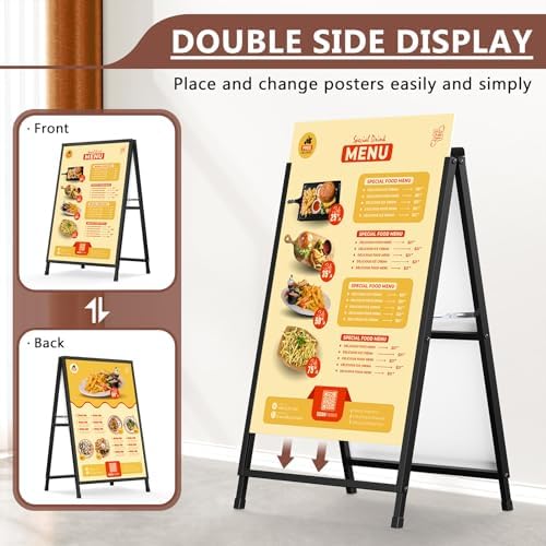 A Frame Sign 24x36 Inch Sandwich Board, Heavy Duty Double-Sided Folding Sidewalk Signboard, Slide-in Steel Metal Frame Sign Display Holder for Outdoor & Indoor Street Poster, Businesses, Advertising