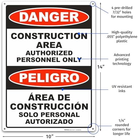 BRIMAR 10x14 Bilingual Danger Construction Area Authorized Only Sign