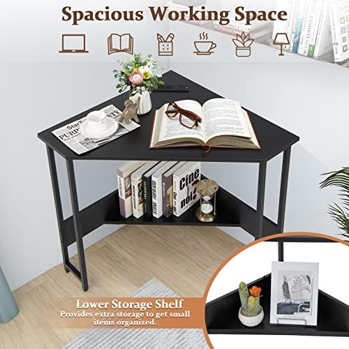 COSTWAY Corner Computer Desk, with USB Ports & Power Outlet, Storage Shelf for Small Space, Triangle Steel Frame Corner Desk for Home Office, Workstation (Black)