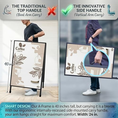 Pionites Heavy Duty Slide-in Folding A Frame Sign Sidewalk Sign 24x 36 Inch Steel Metal Double-Side Pavement sign Corrugated Plastic Poster (1, Black, 24''X36'''(Plastic Backing include))