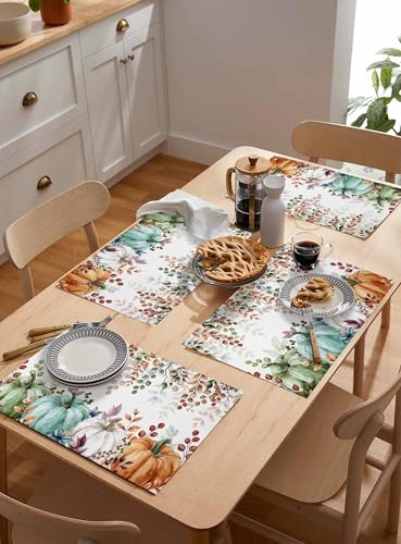 Fall Thanksgiving Placemats Set of 4, Autumn Pumpkins Eucalyptus Leaves Heat Resistant Washable Dining Table Mats Fall Holiday Farmhouse Decor for Kitchen&Linens Outdoor Indoor, Blue Sage Green Orange