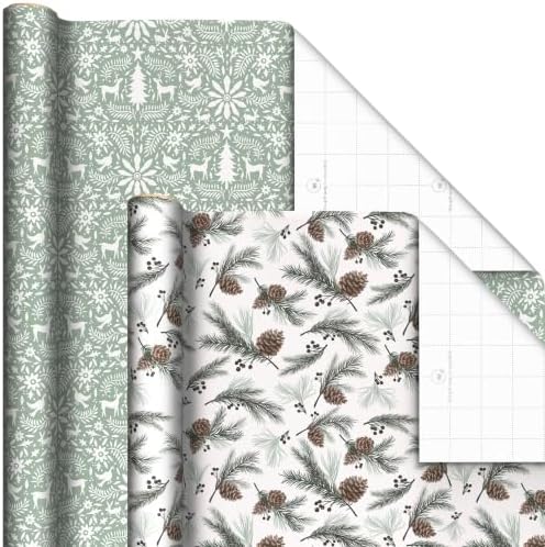 Hallmark Sage Green Christmas Wrapping Paper, 4 Rolls (Plaid, Snowmen)
