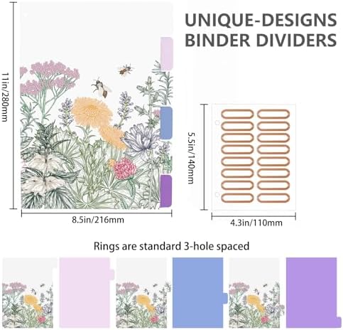 3 Ring Binder 2 Inch, Round Ring Binders with 6 Tab Dividers, 2 Interior Storage Pockets, Cute Low Profile Clipboard, Fashion School Office Supplies, Folders Organizer, Portfolio (Wild Flowers)