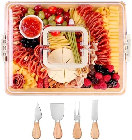 CAWIU Charcuterie Board with Lid and Handle - Portable Travel Design Bamboo Cheese Board Set with 4 Cheese Tools, Gift for Housewarming, Weddings, Picnics(8 Compartments, White)