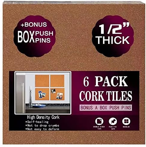 Cork Board Tiles 12"x12" - 1/2" Thick - 6 Pack Cork Tiles - Bulletin Board - Mini Wall (6pack) (6pack 30.5 * 30.5 * 1.2)