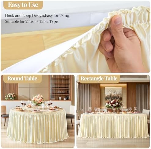 Wish Care 21ft Champagne Satin Long Table Skirt for Rectangle Tables Wrinkle Free Teacher Desk Skirt Glitter Ruffle Table Skirting Cloth for Back to School Classroom Office Birthday Party Table Decor