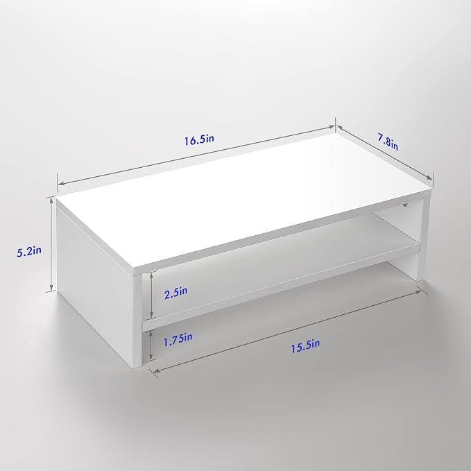 BEYGORMMonitor Stand Riser, White, 16.5 inch, 2 Tiers Wood Desk Shelf | Computer Screen Stand with Storage, For Desktop Laptop/Screen/TV/PC/Printer 16.5"L x 7.8"W x 5.2"H