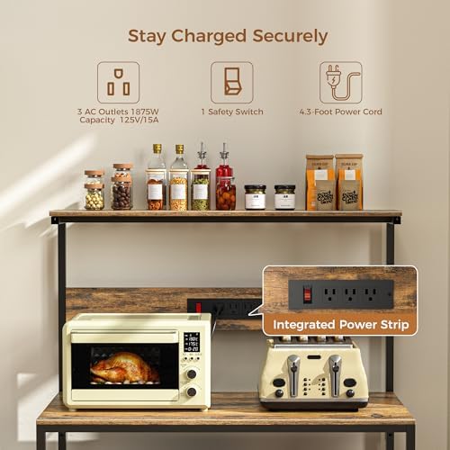 VUSIGN Kitchen Bakers Rack with Power Outlet, 31.5 Inch Coffee Bar Station with 6 S Hooks, 4 Tiers Microwave Stand with Storage, Kitchen Stand for Pots/Pans/Spices, Rustic Brown