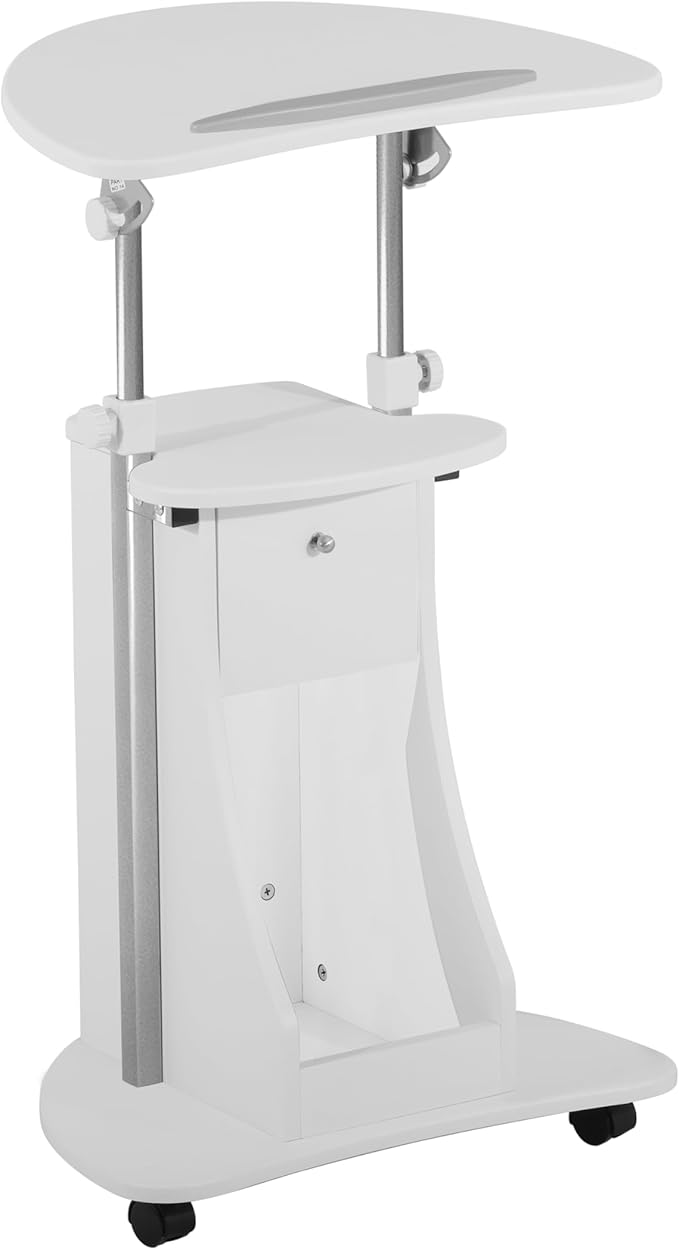 Techni Mobili Adjustable Height Rolling Laptop Cart with Storage, White | Adjustable Height Rolling Laptop Cart with Tilting Top, Storage Shelf, Locking Wheels, Sit to Stand Desk, Mobile Podium,White
