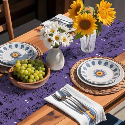 Halloween Haunted Table Runner Dresser Scarf 13 x 108 Inch Purple Black Ghost House Mansion Table Runners Non-Slip Heat Resistant Kitchen Dining Table Decor for Halloween Holidays Indoor Outdoor