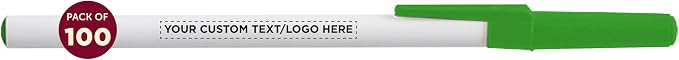 DISCOUNT PROMOS Custom Value Stick Pens Set of 100, Personalized Bulk Pack - Black Ink, Great for Office, School, Business, Tradeshows, Events - Green