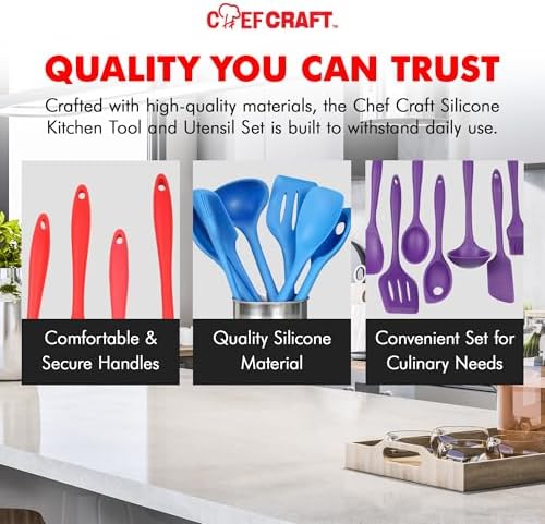 Chef Craft - Premium Silicone Kitchen Tools and Utensils Set, Non-Scratch, Withstands Temperatures up to 450°F, BPA-Free, 7 Piece Cooking Utensils Set, Pink
