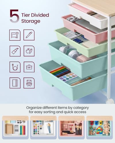 VASAGLE Rolling Cart with Drawers,5 Drawers Storage Cart, Multicolor