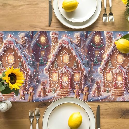 Christmas Table Runner Dresser Scarf 13 x 36 Inch Gingerbread Man House Candy Winter Night Snow Scene Table Runners Non-Slip Heat Resistant Kitchen Dining Table Decor for Home Holidays Indoor Outdoor