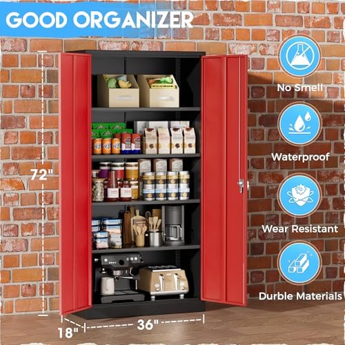Greenvelly Metal Garage Storage Cabinet with 2 Doors and 4 Adjustable Shelves, 72”H Steel Lockable Storage Cabinet,Tall Metal Cabinet Locking File Cabinet for Office,Home, Garage, Gym, School