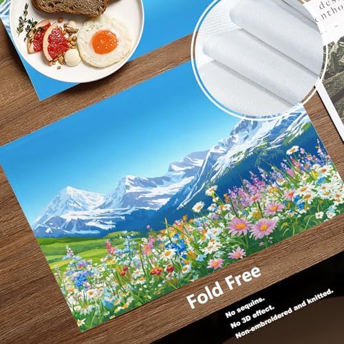 Batmerry Serene Environment Alpine Ry Linen Placemats Set of 8, Blooming Flora Mountainous Terrain Washable Table Mats for Kitchen Table Thickened Heat Insulation Dining Set Indoor Outdoor 12X18 in