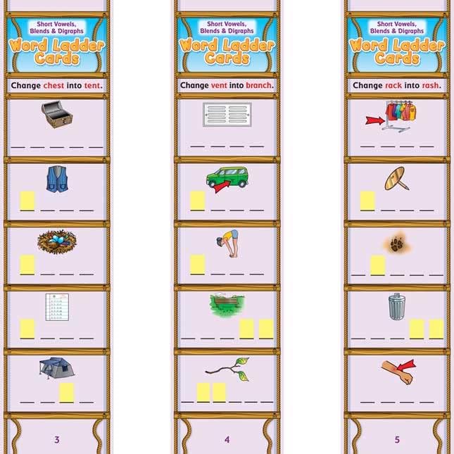 Really Good Stuff Short Vowels, Blends & Digraphs Word Ladder Cards