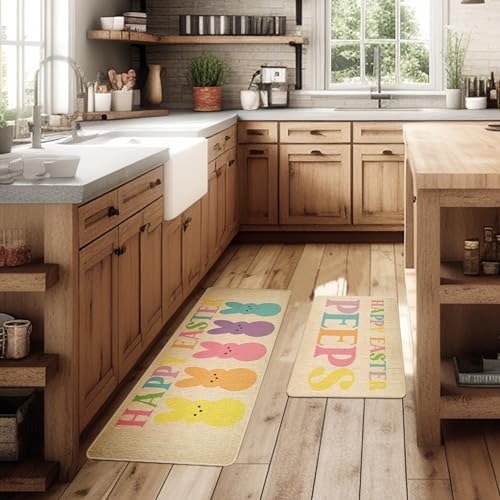 Happy Easter Kitchen Floor Mat Set of 2, Non-Slip Absorbent Rugs and Door Mats, Spring Seasonal Bunny Decorative Home Kitchen Doormat 17x29 and 17x47 Inch DM138