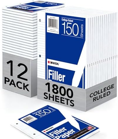 Kaisa Filler Paper Notebook Paper College Ruled 8"x10.5" Loose Leaf Paper for 3-Ring Binders 1800 Sheet/pack,12pack (Total 1800 Sheets)