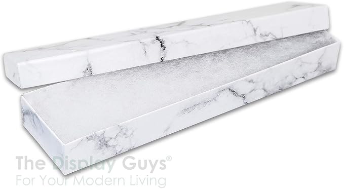 TheDisplayGuys 25 Cardboard Jewelry Gift Boxes with Inserts - Marble White | Size #82 - 8.0" x 2.0" x 1.0", Lids, Cotton Filled Padding, Kraft Paper, Bulk Pack Case, for Shipping, Organizers, Storage