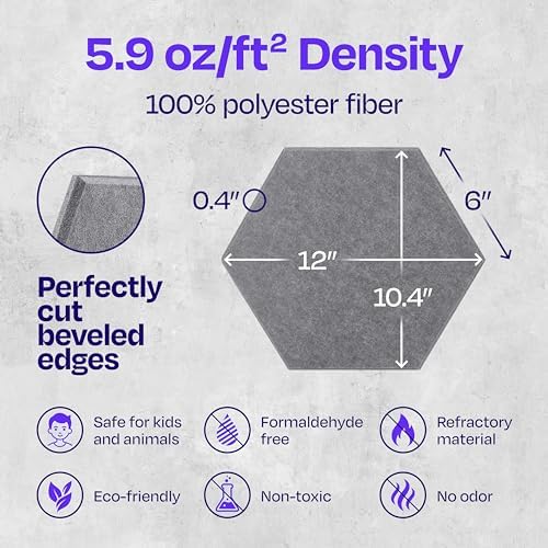 Acoustic Panels 12-Pack - 12"X10.4"X0.4" Sound Panels - High Density Sound Dampening - Pebble Gray Hexagon