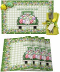 Happy Easter Spring Holidays Vintage Farm Trucks Colorful Eggs Placemats Set of 4,Green Gingham Plaid Patterns Cotton Line Fabric Heat Resistant Washable Mats Decoration for Home Kitchen Dining Party