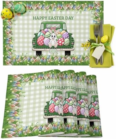Happy Easter Spring Holidays Vintage Farm Trucks Colorful Eggs Placemats Set of 4,Green Gingham Plaid Patterns Cotton Line Fabric Heat Resistant Washable Mats Decoration for Home Kitchen Dining Party