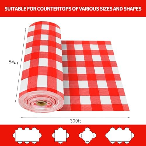 CXPSINC 54 Inch X 300 Feet Plastic Table Cover Roll Disposable Tablecloth with Slide Cutter for All Type/Shape Tables | Party, Banquet, Birthdays, Weddings(Red Checkered, 300 Feet)