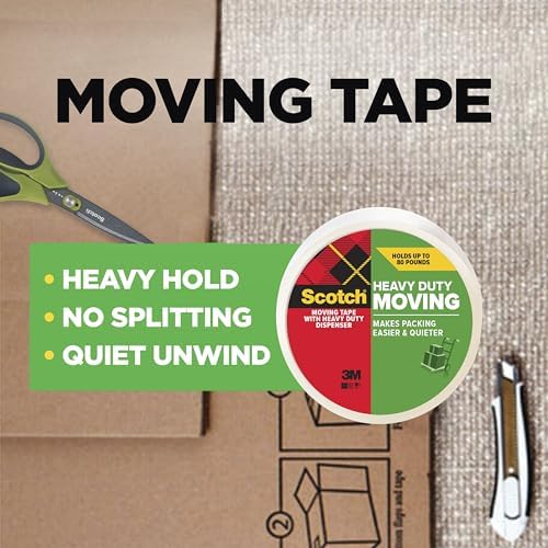 Scotch Heavy Duty Moving Packing Tape, Clear, Makes Packing Easier & Quieter, 1.88 in. x 54.6 yd., 2 Tape Rolls with 1 Dispenser
