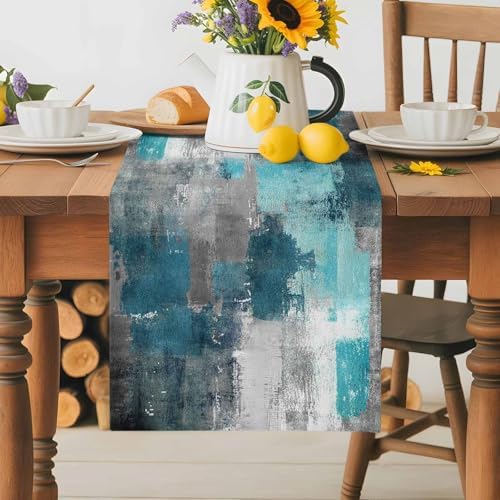 Teal Grey Abstract Art Table Runner Dresser Scarf 13 x 60 Inch Modern Turquoise Color Block Graffiti Table Runners Non-Slip Heat Resistant Kitchen Dining Table Decor for Home Holidays Indoor Outdoor