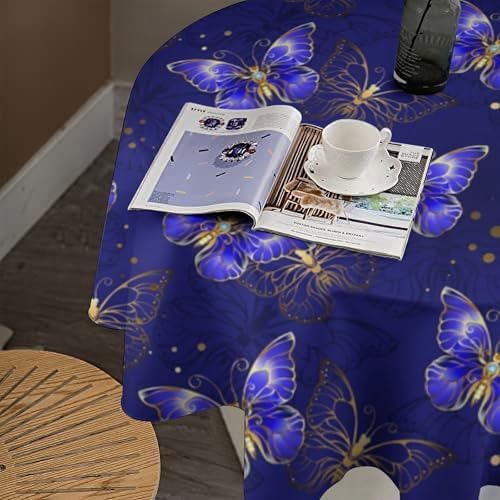 Dark Purple Butterfly Tablecloth, Luxury Golden Blue Purple Butterfly Print Table Cloth for Outdoor Patio Party Picnic Wedding Indoor Kitchen Dinner Table Decor, 50x50in