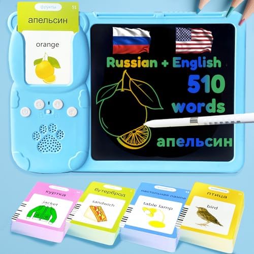 Writing Tablet with Bilingual Flash Cards for Kid, Russian, Blue