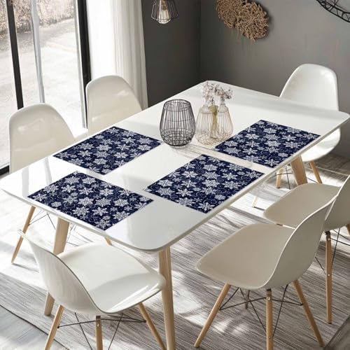 Christmas Placemat 1PC, White Navy Snowflakes Pattern Heat Resistant Washable Table Place Mats Winter Cotton Table Linens Party Holiday Decor for Kitchen Dining Outdoor Indoor