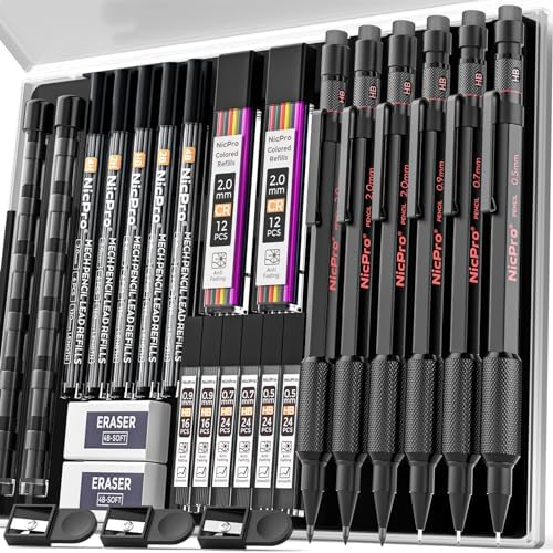 Nicpro 6 PCS Metal Mechanical Pencil Set, Art Drawing Pencil 0.5-2.0MM