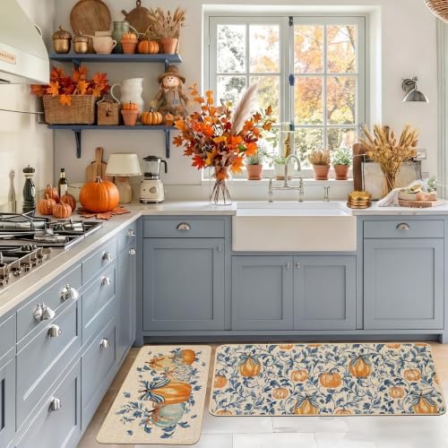 Baccessor Fall Kitchen Rugs Set of 2, Pumpkin Blue Leaf Kitchen Mats for Floor Washable Low-Profile Autumn Holiday Home Indoor Outdoor Decor 17x29 and 17x47 Inch