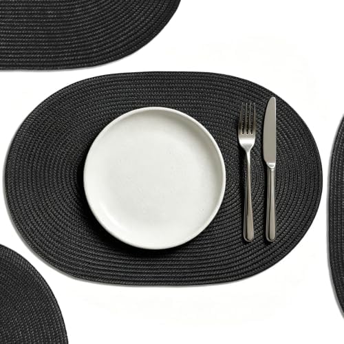 AHHFSMEI Placemats Set of 8 for Dining Table Washable Woven Non-Slip 18x12 inches Placemat Heat-Resistant Durable Table Mats for Dining Table Easy to Clean (Black, 8)