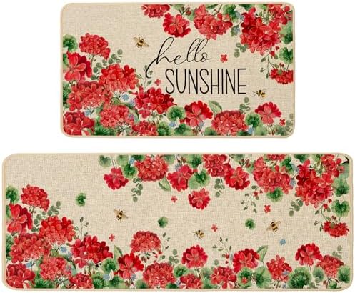 Baccessor Summer Kitchen Mats Set of 2, Geranium Floral Bee Kitchen Rugs for Floor Non Slip Absorbent Low-Profile Seasonal Farmhouse Home Decor 17x29 and 17x47 Inch