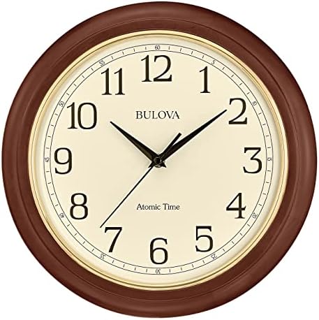 Bulova Atomic Time 2 Analog Wall Clock C5004 | 12.4" Wooden Frame, Sets Time Automatically | Quartz Movement | Battery Operated | Classic Design