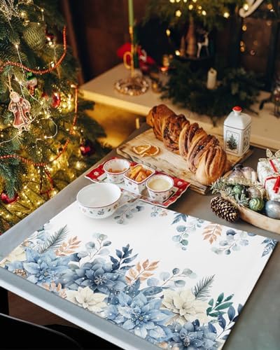 Blue Christmas Poinsettia Placemats Set of 4, Winter Eucalyptus Leaves Heat Resistant Washable Table Place Mats Cotton Table Linens Party Holiday Decor for Kitchen Dining Outdoor Indoor