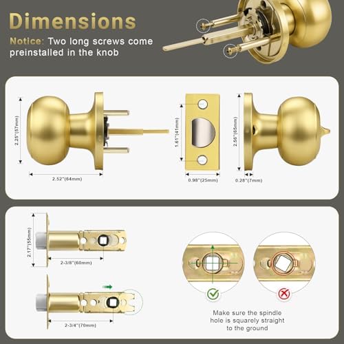 KNOBWELL 6 Pack Privacy Door Knob for Bathroom or Bedroom Door Knobs, Round Interior Door Knobs, Gold Indoor Door Knob, Keyless Door Knob with Lock, Door Handle Lock, Gold