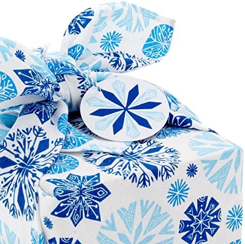Hallmark 26" Reusable Christmas Gift Wrap (1 Fabric Wrap: Blue Snowflakes on Natural Cotton) for Holiday Parties, Hanukkah, Winter Weddings (Pack of 4)