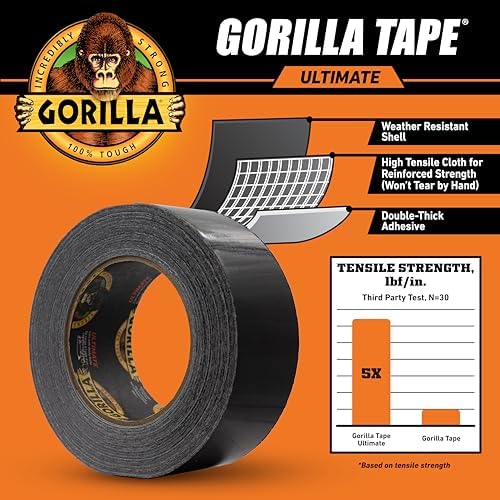 Gorilla Ultimate Tape, High Tensile Cloth with Double-Thick Adhesive for Hauling, Strapping, Patching, Bundling, Lifting, 1.88" x 20yd, Black (Pack of 5)