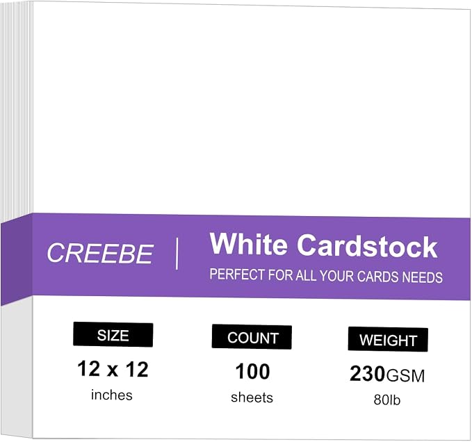 White Cardstock 12x12 Inch, 100 Sheets Printable 80lb Cover Stock Paper–Creebe 12 x 12 Thick Craft Paper for Card Making, Cricut, Scrapbooking, Photo Albums