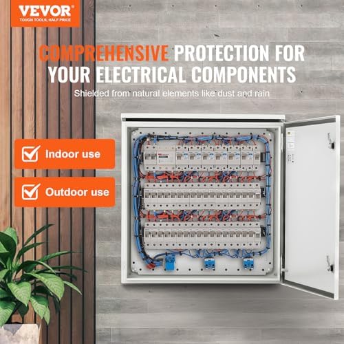 VEVOR Electrical Enclosure, 24'' x 24'' x 12'', NEMA 4 Outdoor Enclosure, IP65 Waterproof & Dustproof Cold-Rolled Carbon Steel Hinged Junction Box for Outdoor Indoor Use, with Rain Hood