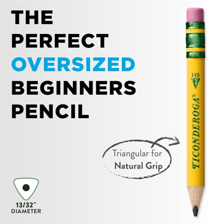 Ticonderoga My First Half-Size Wooden Pencils, 12 Pencils/Pack, 6 Packs | Large Triangle-Barrel Pre-Sharpened #2 (HB) Short 4.5" Yellow Pencils with Erasers, X33012