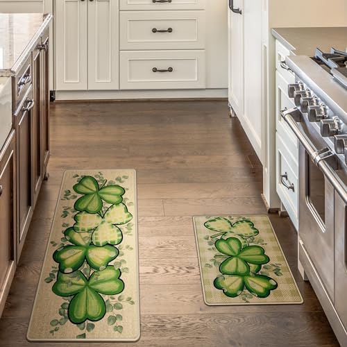 St Patricks Day Kitchen Decor Mats Set of 2, Non-Slip Absorbent Rug and Door Mats, Lucky Green Shamrock Clover Kitchen Floor Mat 17x29 and 17x47 Inch DM128