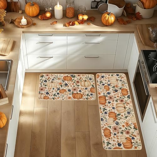 Baccessor Pumpkin Fall Kitchen Mats Set of 2, Vintage Kitchen Rugs for Floor Low-Profile Fall Thanksgiving Home Decor 17x29 and 17x47 Inch